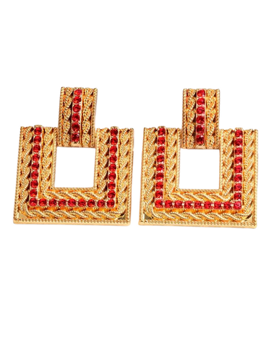 RYAN SQUARE EARRINGS (GOLD/RED)